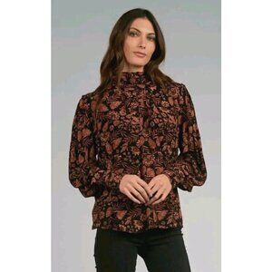 Elan Womens Black Orange Floral Print Blouse Size Medium‎